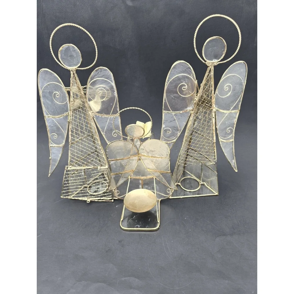 Capiz Shell Angel Tea Light Candle Holder Set Of 3 Gold Tone Wire Harp Book